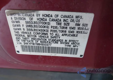 2006 Honda Pilot Ex-L из США, поврежденный, VIN 2HKYF18786H500377